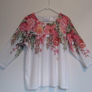 Alfred Dunner Lady's Coral, Green, & White Floral Top.  Size XL